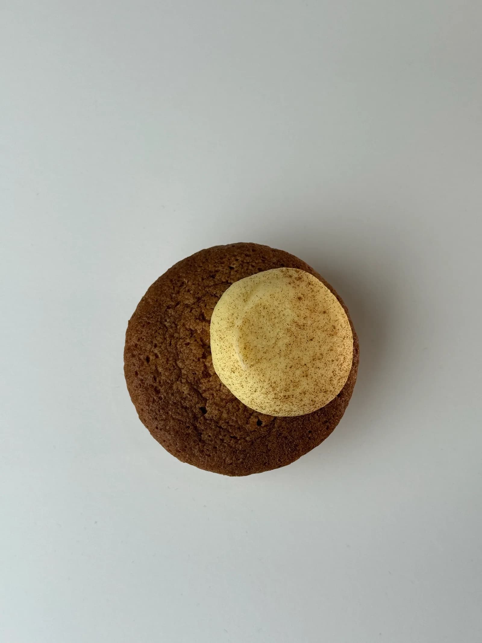 Den ekte kanelsnurren fotografert rett ovenfra på en hvit benkeplate, med en enkel kremdott drysset med kanel litt utenfor midten.