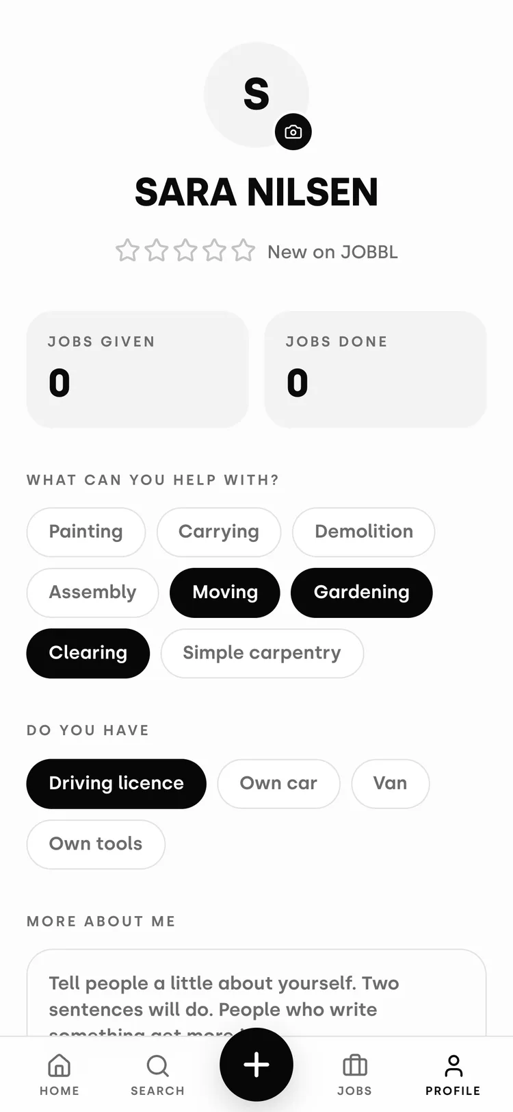 A JOBBL profile: a name, an unrated star row reading New on JOBBL, counts of jobs given and jobs done, and rows of skills and equipment the person has selected