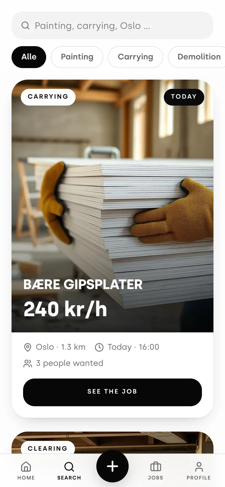 The JOBBL search screen: a search field over category filters, and a job card for carrying plasterboard in Oslo at 240 kroner an hour, 1.3 kilometres away