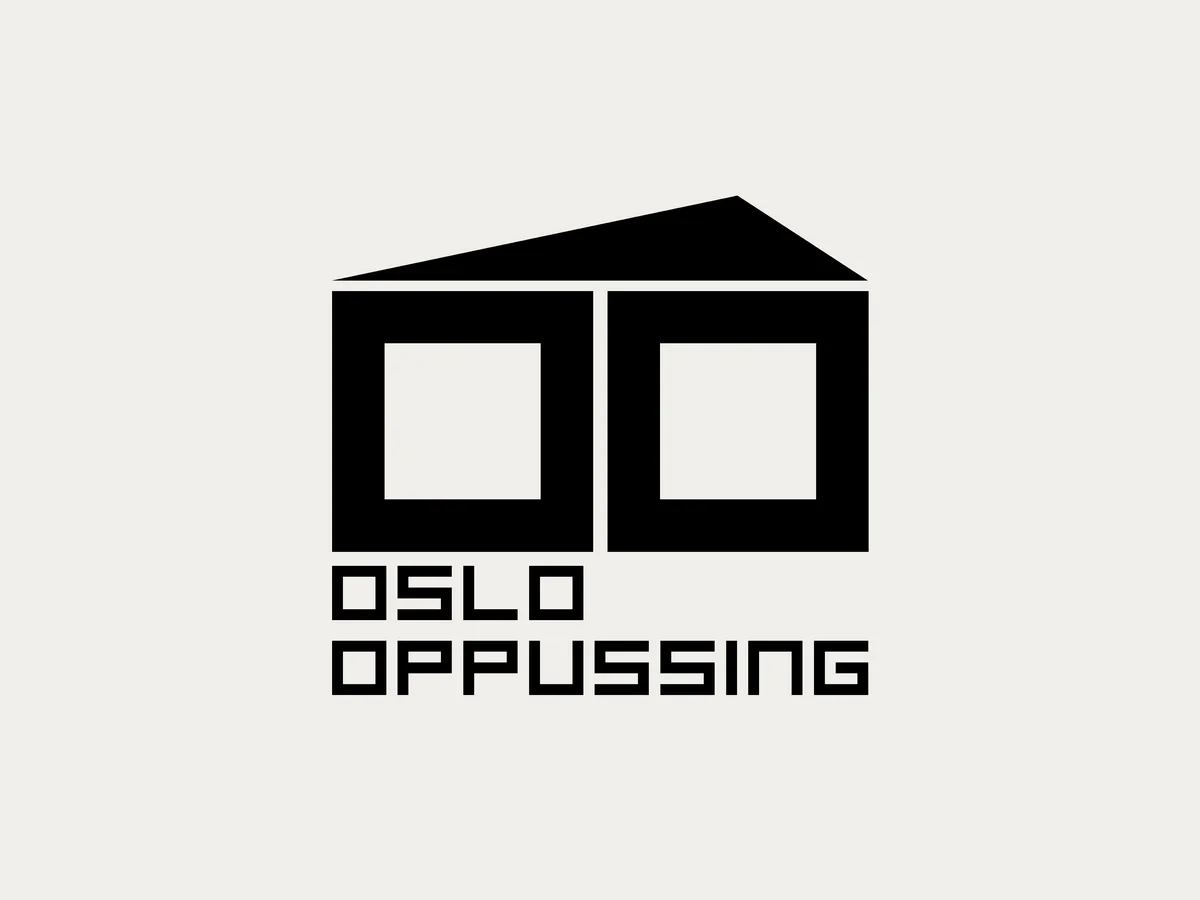 The Oslo Oppussing mark: a house reduced to a tilted roof over two square windows, above the name set in a squared-off typeface