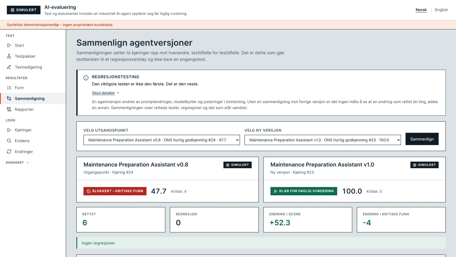 The Commissioning Bench comparison view: version 0.8 blocked at a score of 47.7 with four critical findings beside version 1.0 ready for human review at 100, with six tests fixed, no regressions and a case-by-case table below