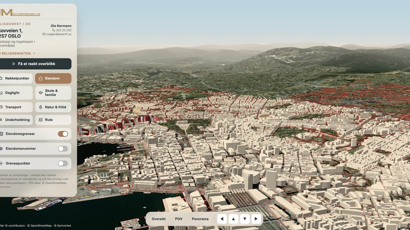 Boligplass in a tilted three-dimensional view of the city, with the property panel on the left and switches for property boundaries and boundary points