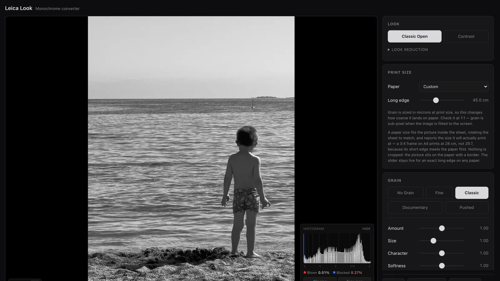 The Leica Look converter: a black-and-white photograph of a child at the shoreline fills a dark workspace, with panels for the look, the print size, the grain and a live histogram beside it