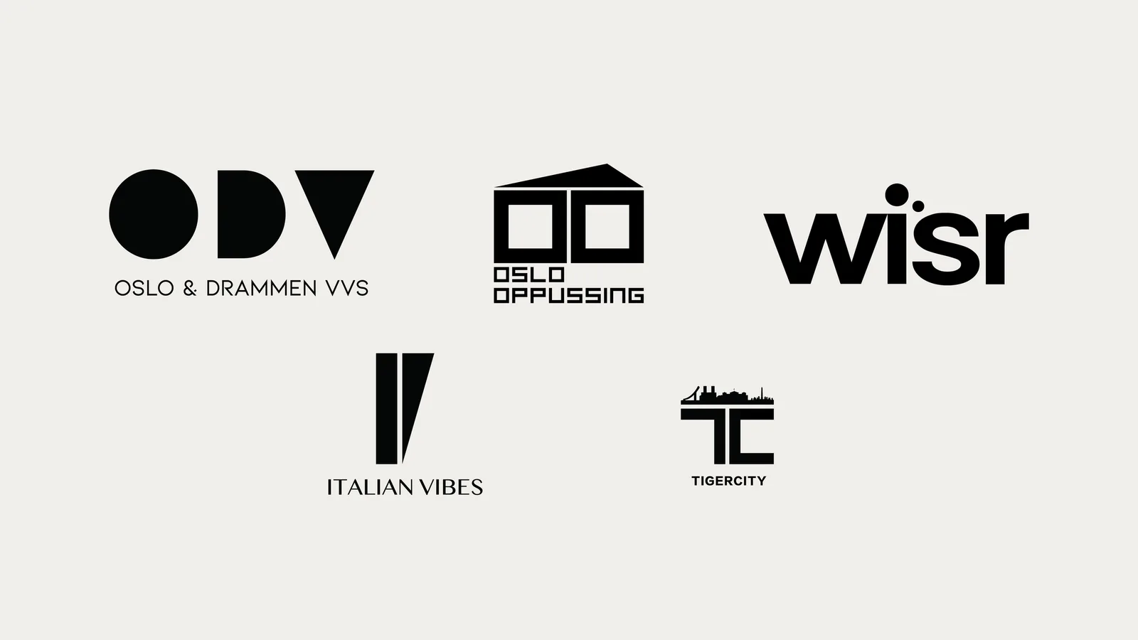Five black logotypes on a cream sheet: the ODV monogram for Oslo & Drammen VVS, a house drawn as a roof over two windows for Oslo Oppussing, the lowercase wisr wordmark, two tapering strokes above the words Italian Vibes, and a T and C built as a bridge under a city skyline for Tigercity
