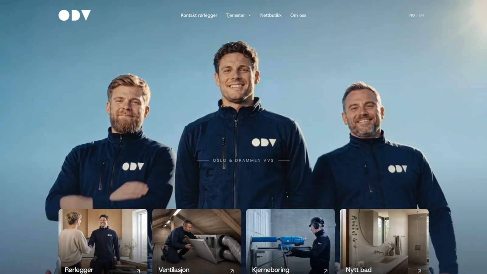 The Oslo & Drammen VVS homepage: three plumbers in navy uniforms under a clear sky, with four service cards for plumbing, ventilation, core drilling and new bathrooms