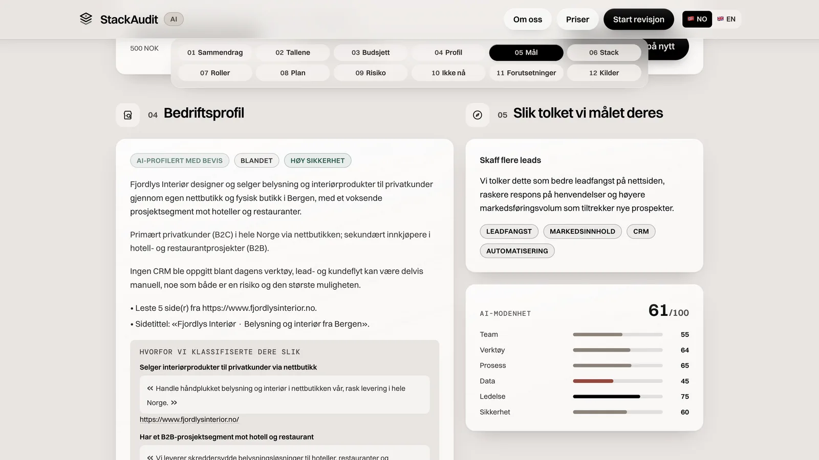 The company profile in the report, quoted from the business's own website, beside a maturity score of 61 out of 100 broken down by team, tools, process, data, leadership and security