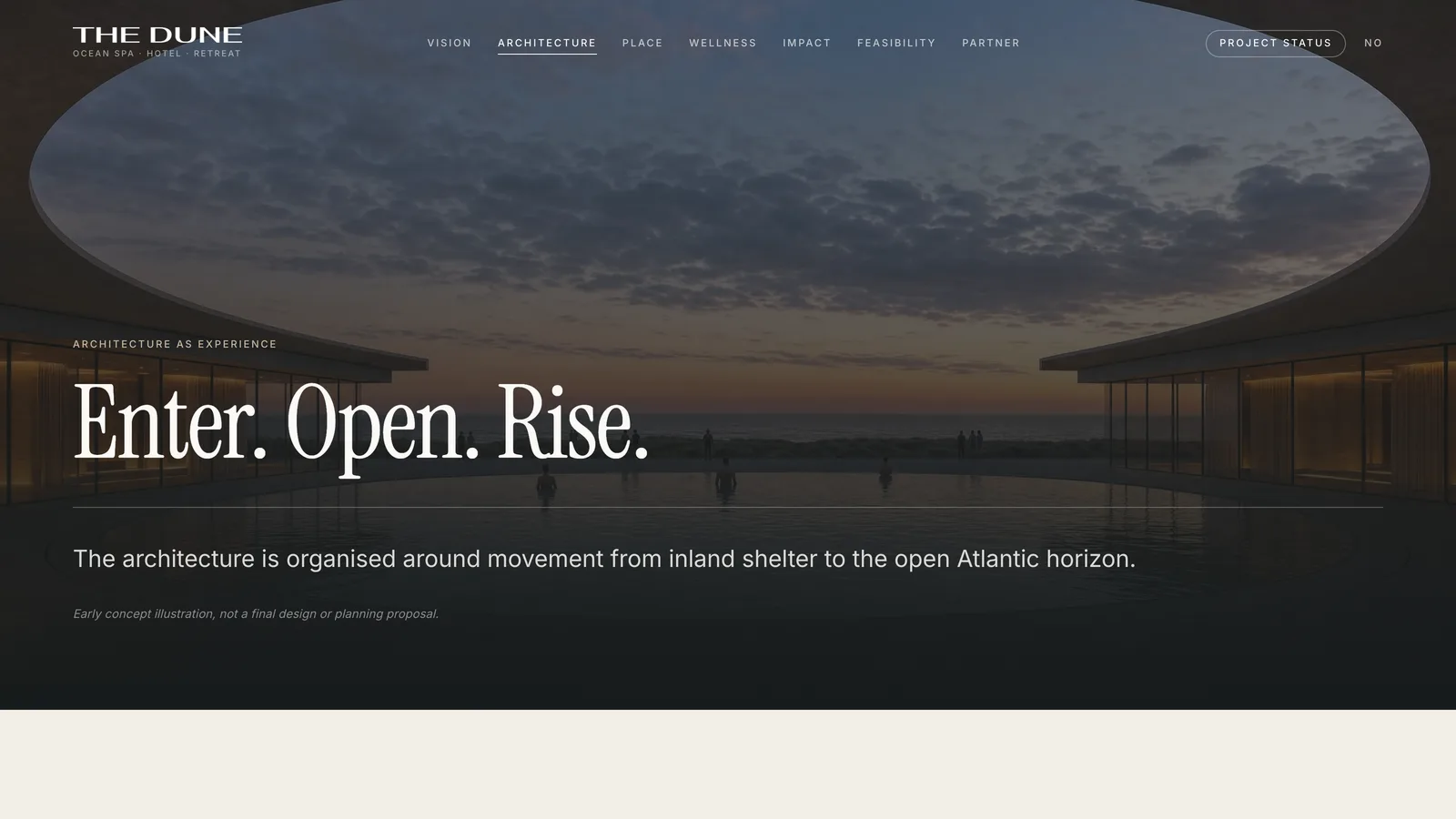 The Dune architecture page: bathers in a dark infinity pool under a wide circular roof opening onto the sunset horizon, headed "Enter. Open. Rise.", captioned as an early concept illustration and not a final design