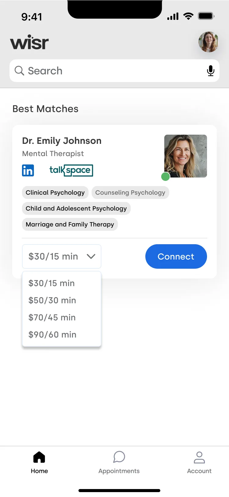 The Wisr matching screen: a search field with a microphone, and a best-match card for a therapist showing credentials and a connect action