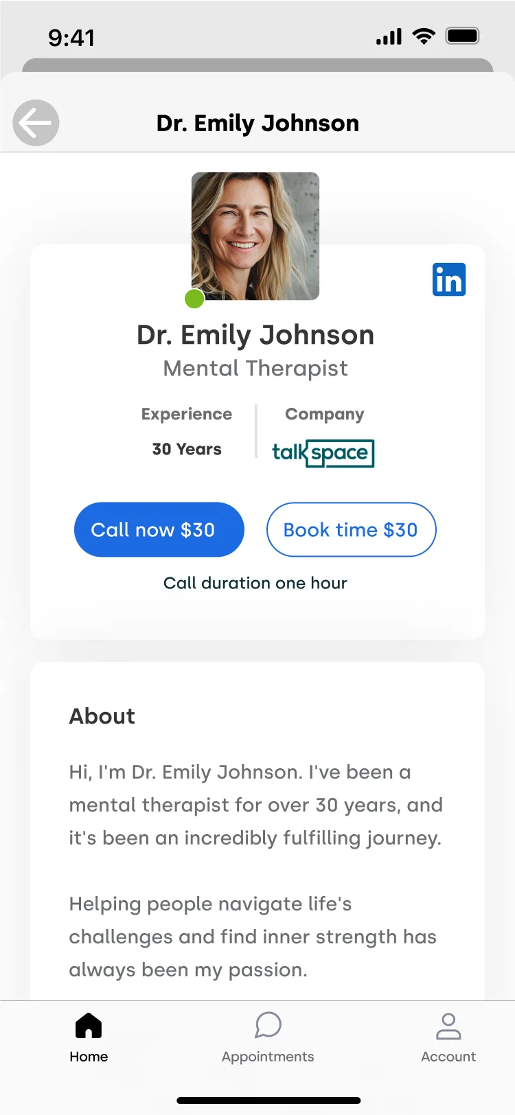 A Wisr expert profile: photograph, name, discipline, years of experience, and actions to call now or book a time