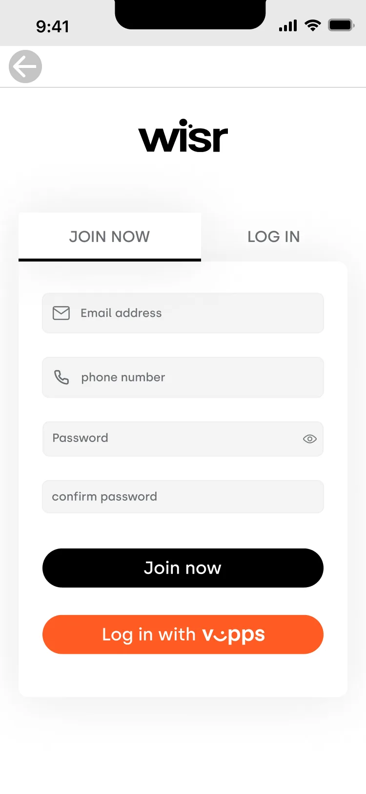 The Wisr sign-up screen, with email and phone fields and a Vipps sign-in option for the Norwegian market